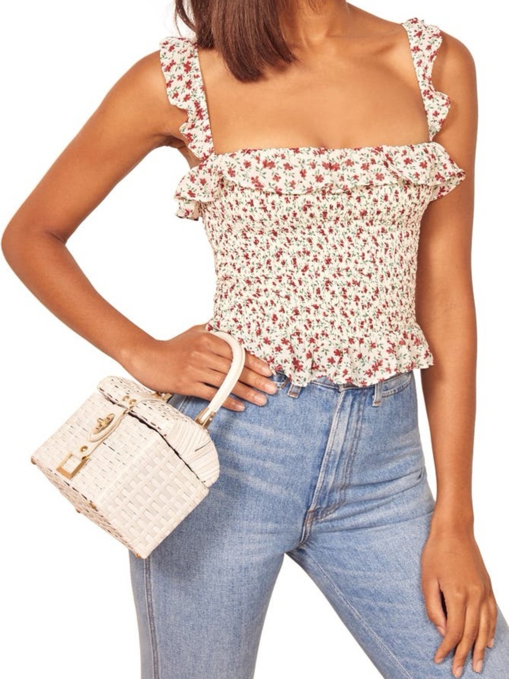 Reformation Canopy Ruffle Trim Smocked Top